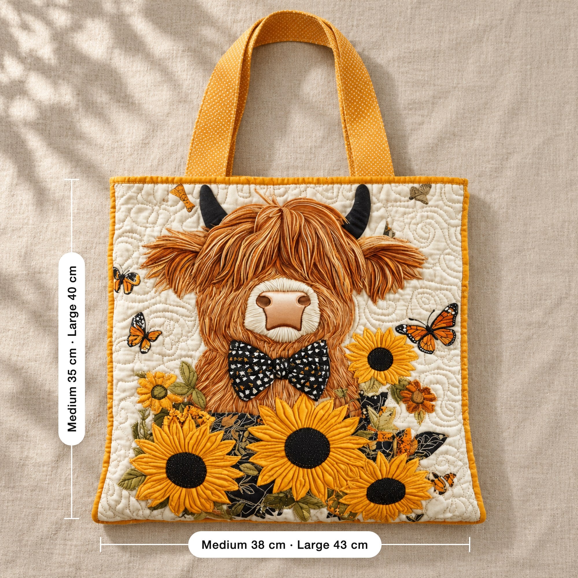 Avril | Quilted Tote Bag with a Highland Cow and Sunflowers, flat lay with sizes