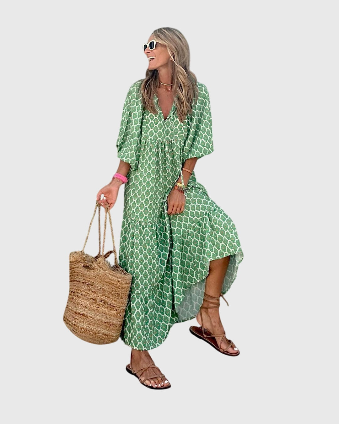 Bohemian Maxi Dress Green-White, studio photo
