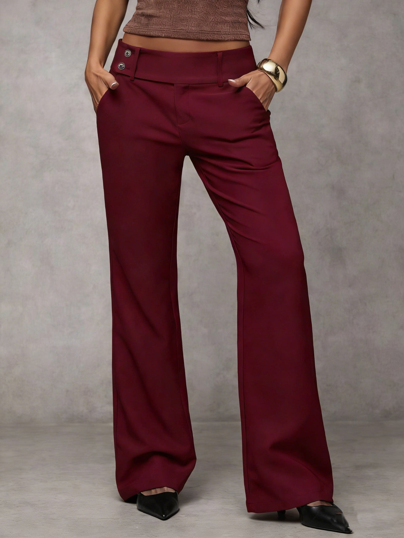 Camille Elegant High-Waisted Wide-Leg Trousers Burgundy, photo studio