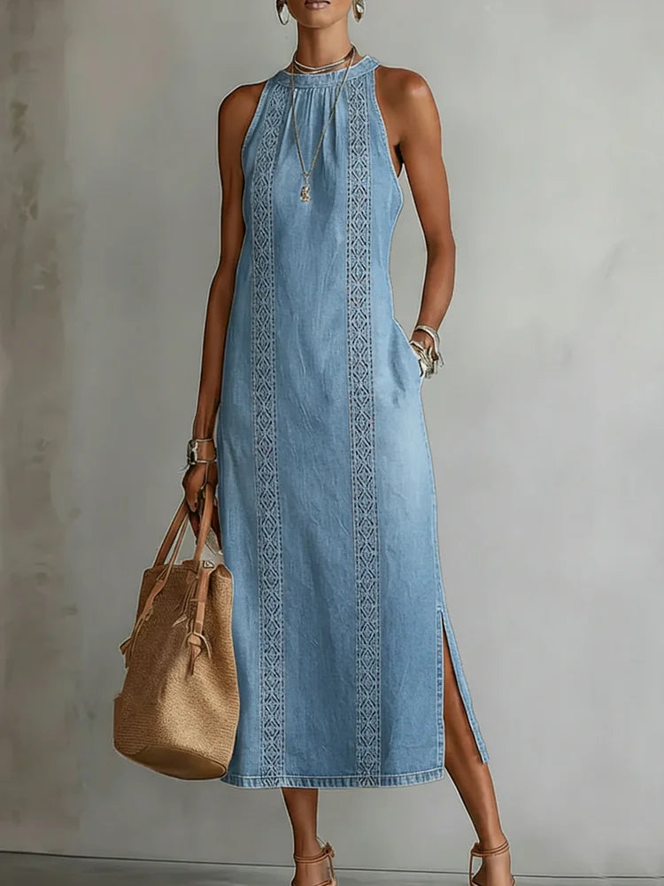 Embroidered High-Neck Denim Maxi Dress Light Blue, studio photo