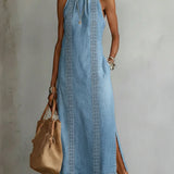 Embroidered High-Neck Denim Maxi Dress