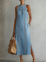Embroidered High-Neck Denim Maxi Dress