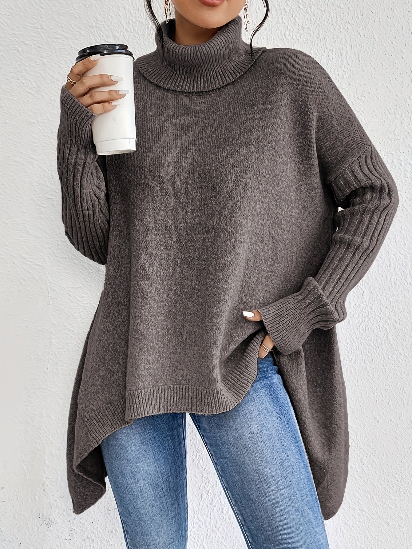 Long Split-Hem Turtleneck Jumper Brown, photo studio