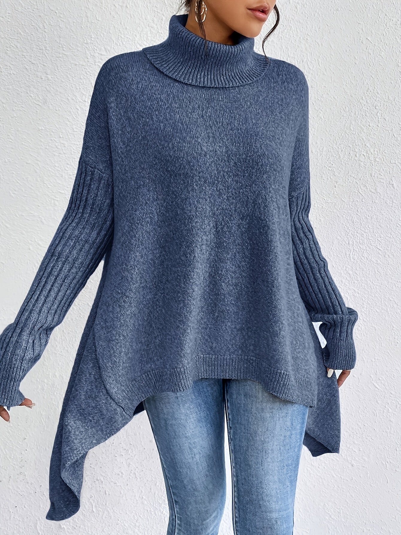 Long Split-Hem Turtleneck Jumper