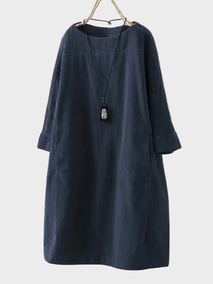 Ella | Relaxed Fine Corduroy Midi Dress Navy, photo studio