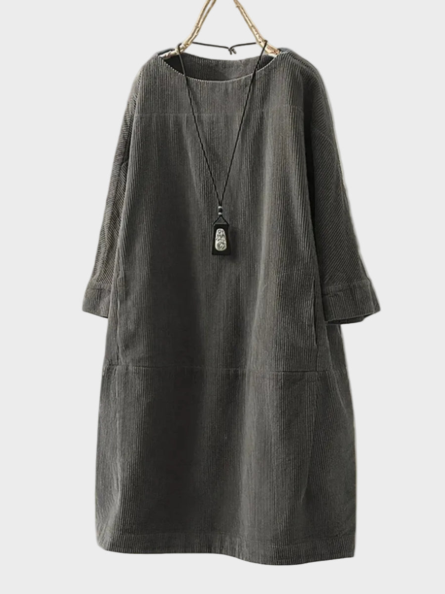 Ella | Relaxed Fine Corduroy Midi Dress Grey, photo studio