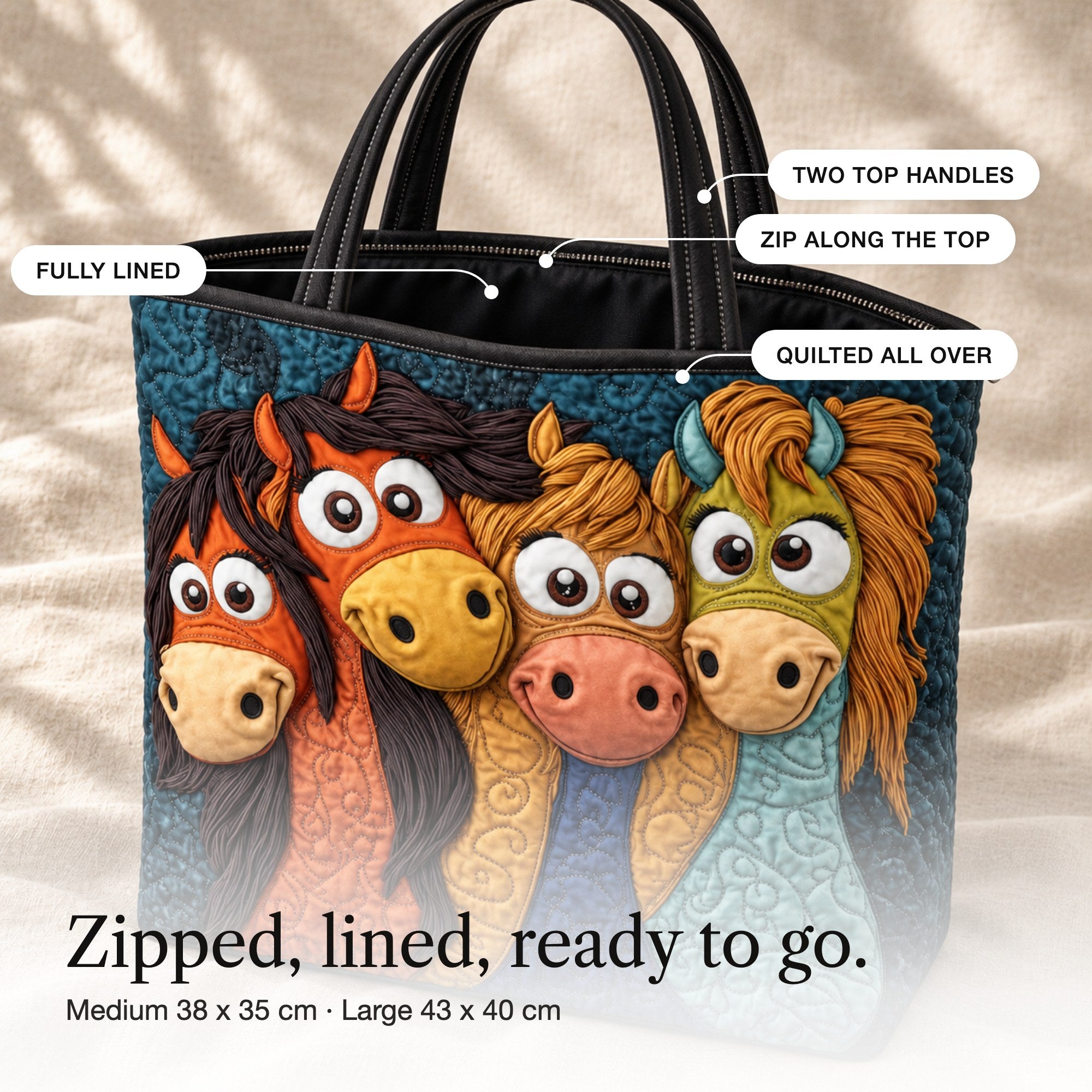 Bernadette | Quilted Tote Bag with Four Cheeky Horses, detail