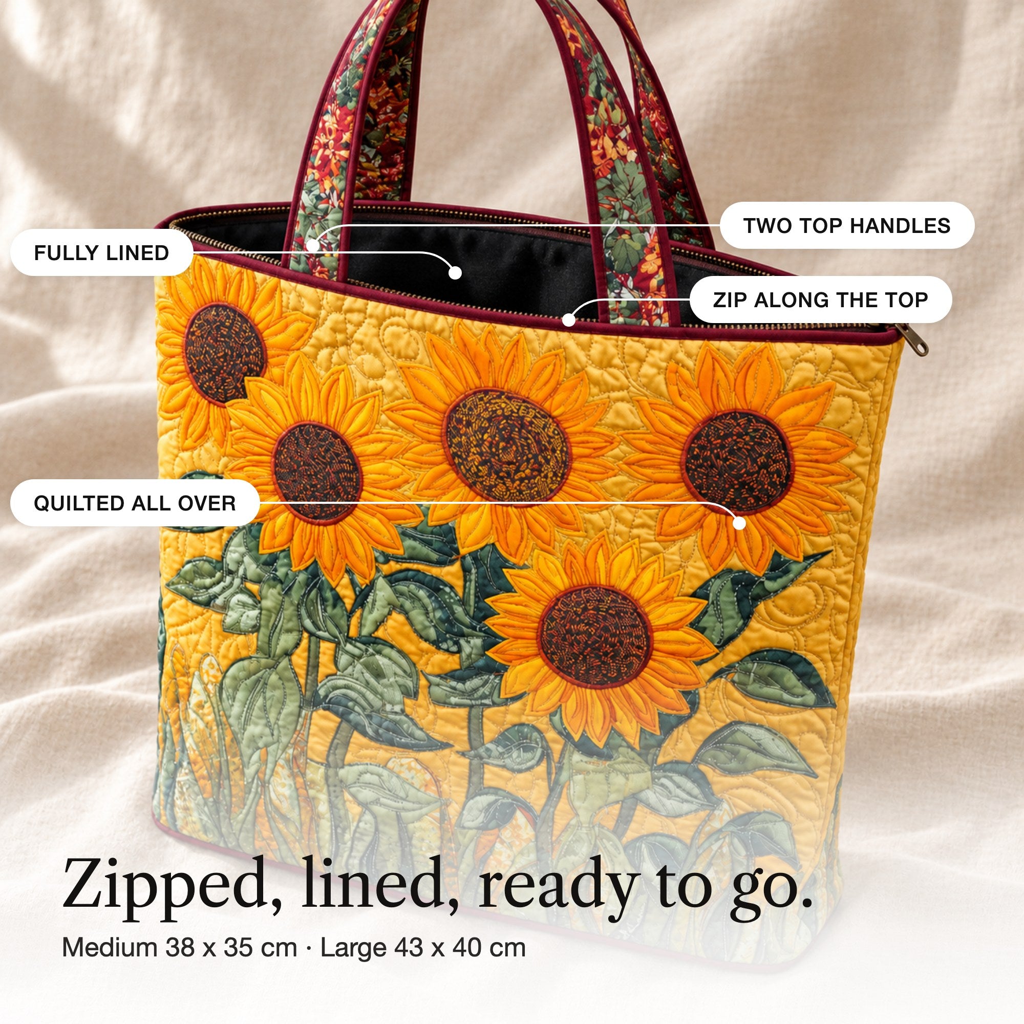 Bertrade | Quilted Tote Bag with a Field of Sunflowers, detail