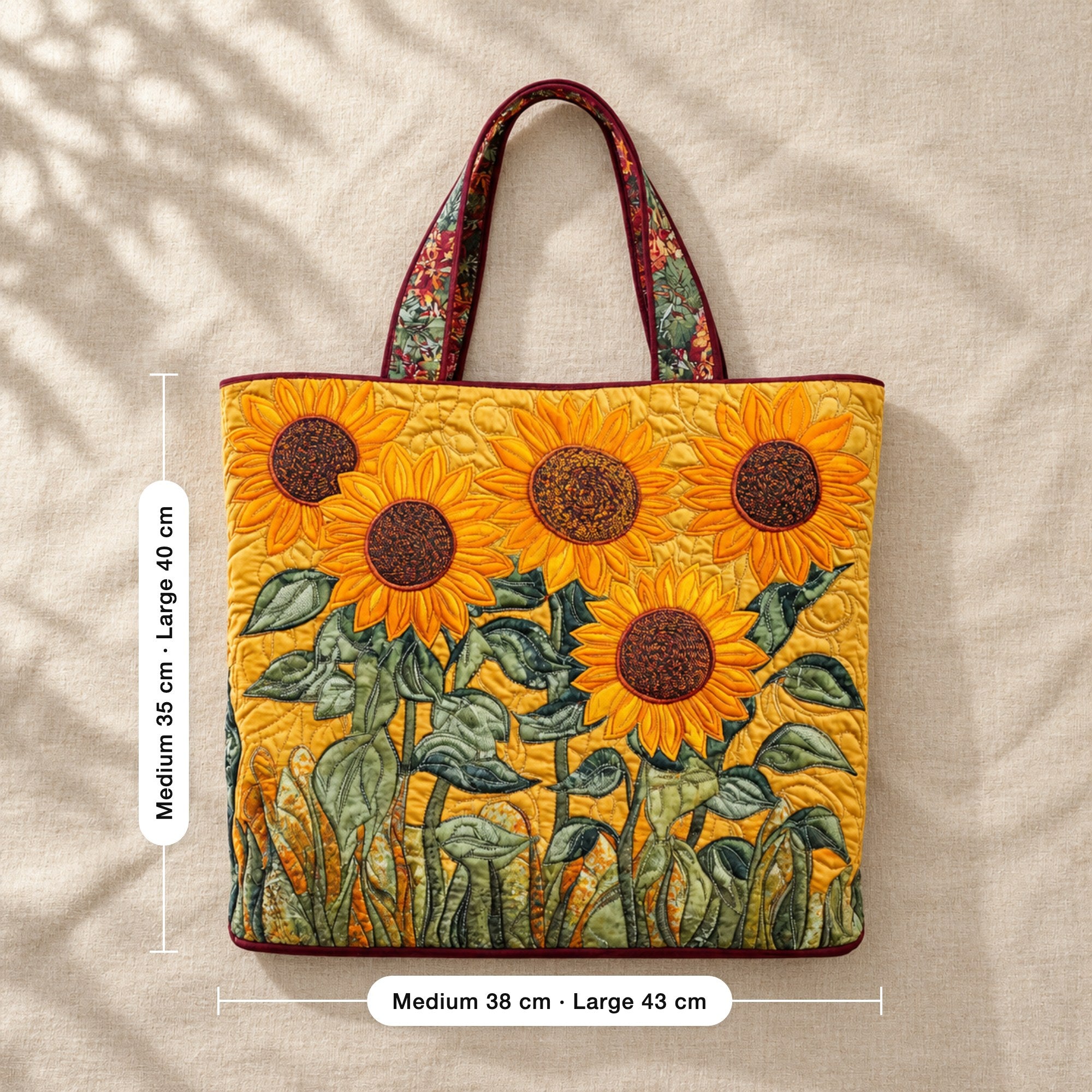 Bertrade | Quilted Tote Bag with a Field of Sunflowers, flat lay with sizes