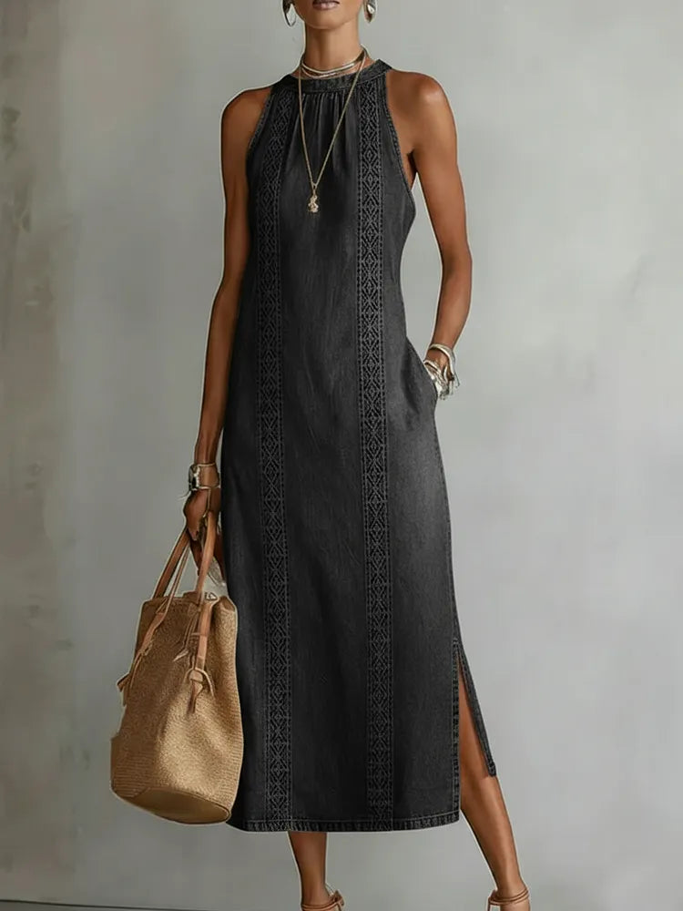 Embroidered High-Neck Denim Maxi Dress Black, studio photo