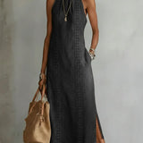 Embroidered High-Neck Denim Maxi Dress