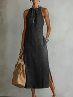 Embroidered High-Neck Denim Maxi Dress