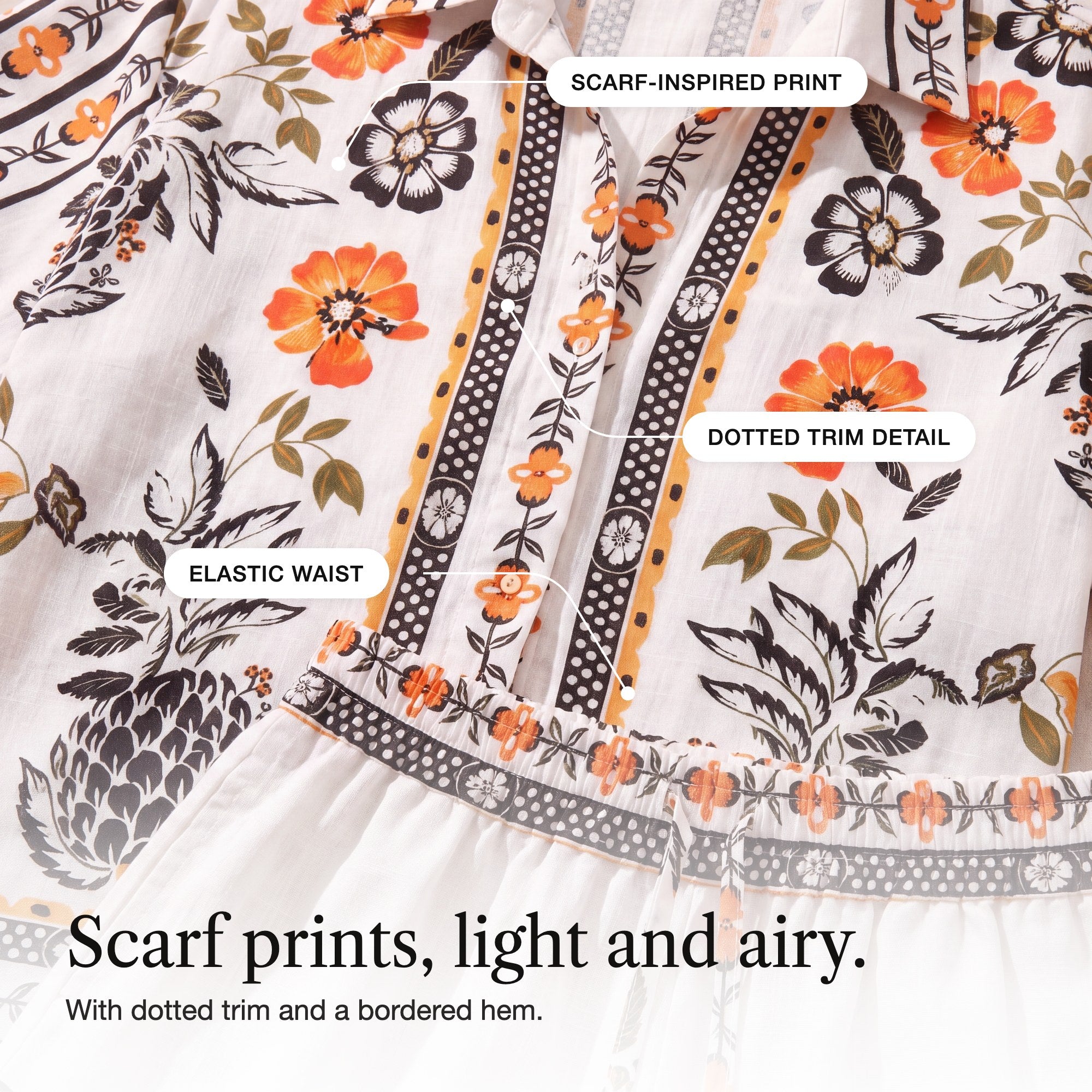 Bijou | Scarf Print Shirt and Shorts Set with Bordered Hems, detail