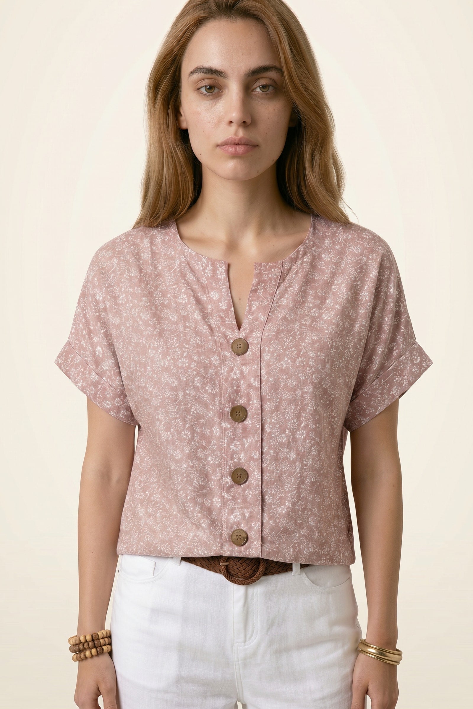 Elegant Floral Blouse Pink, photo studio