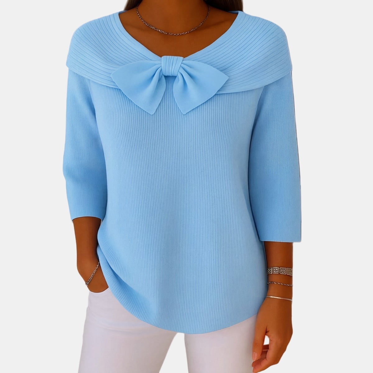 Boat-Neck Bow Jumper Light Blue, studio photo