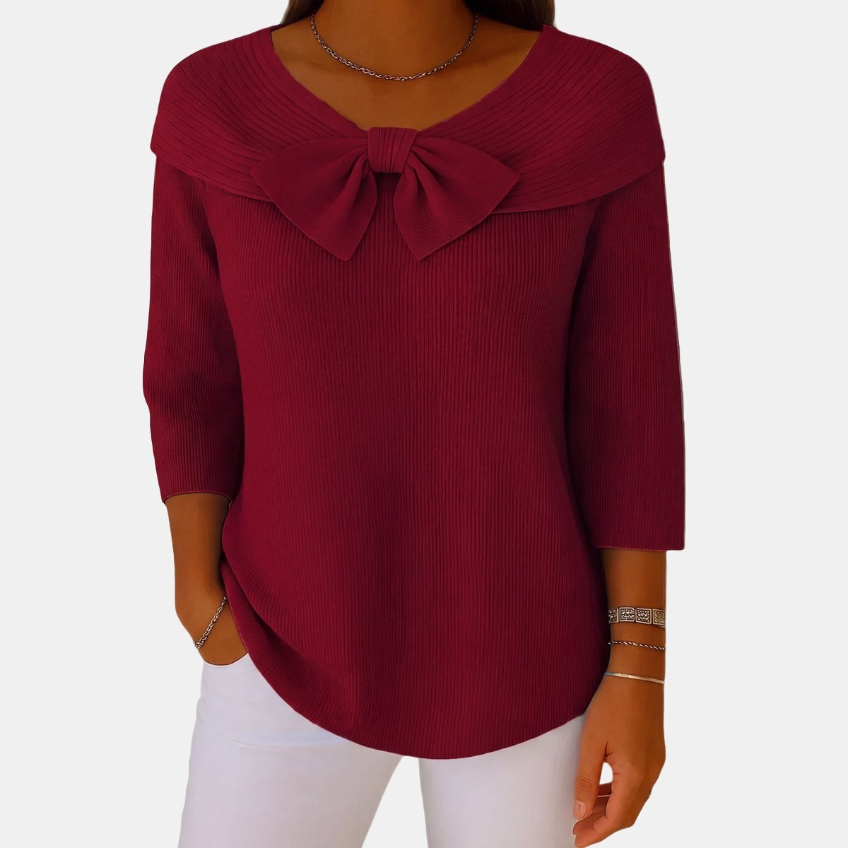 Boat-Neck Bow Jumper Red, studio photo