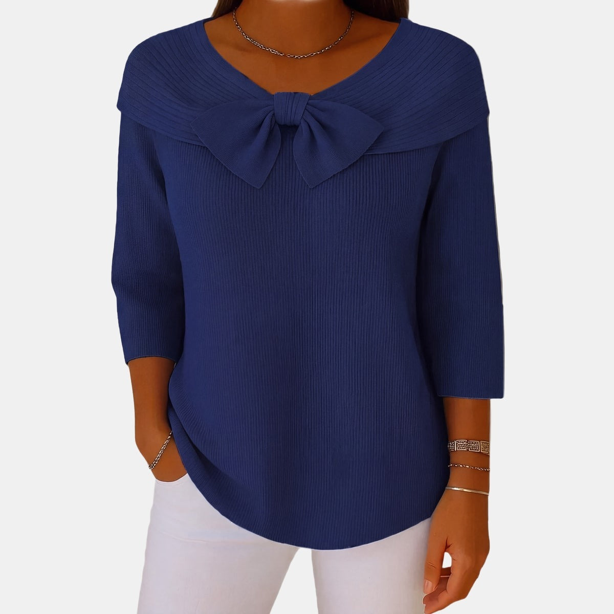 Boat-Neck Bow Jumper Navy, studio photo