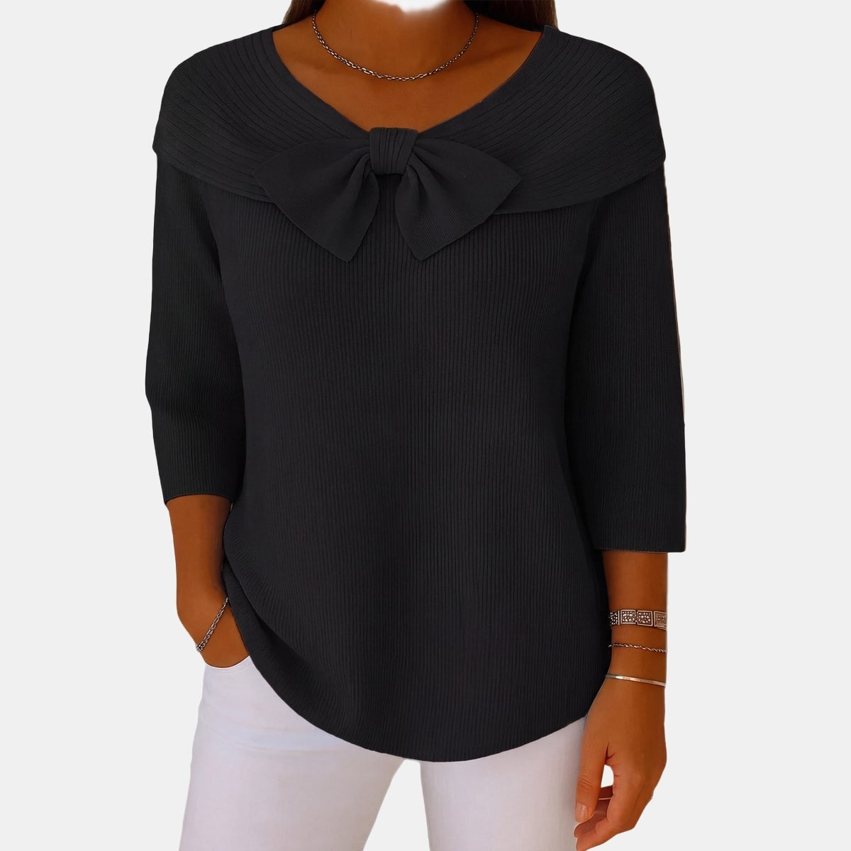 Boat-Neck Bow Jumper Black, studio photo