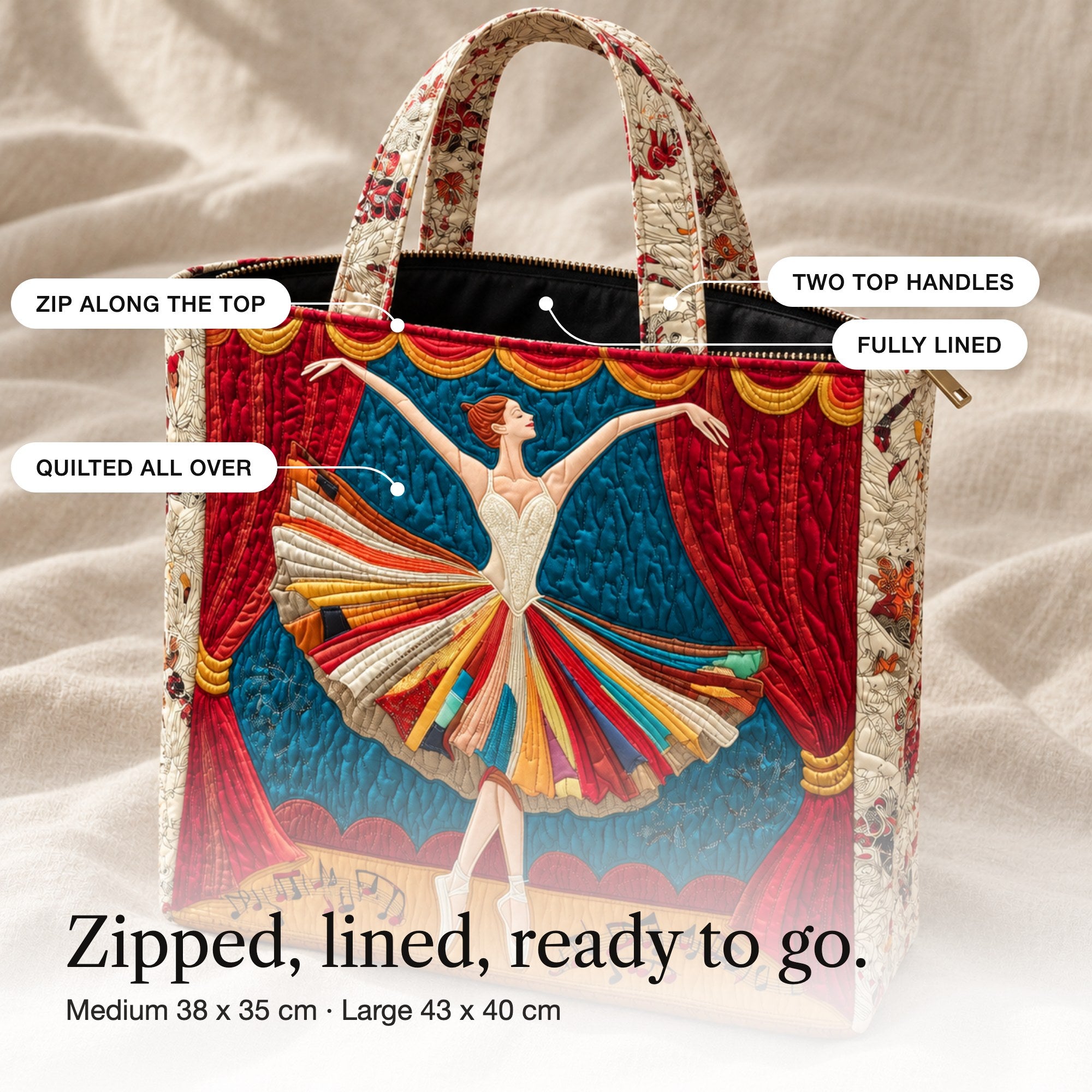 Branwen | Quilted Tote Bag with a Ballerina on Stage, detail