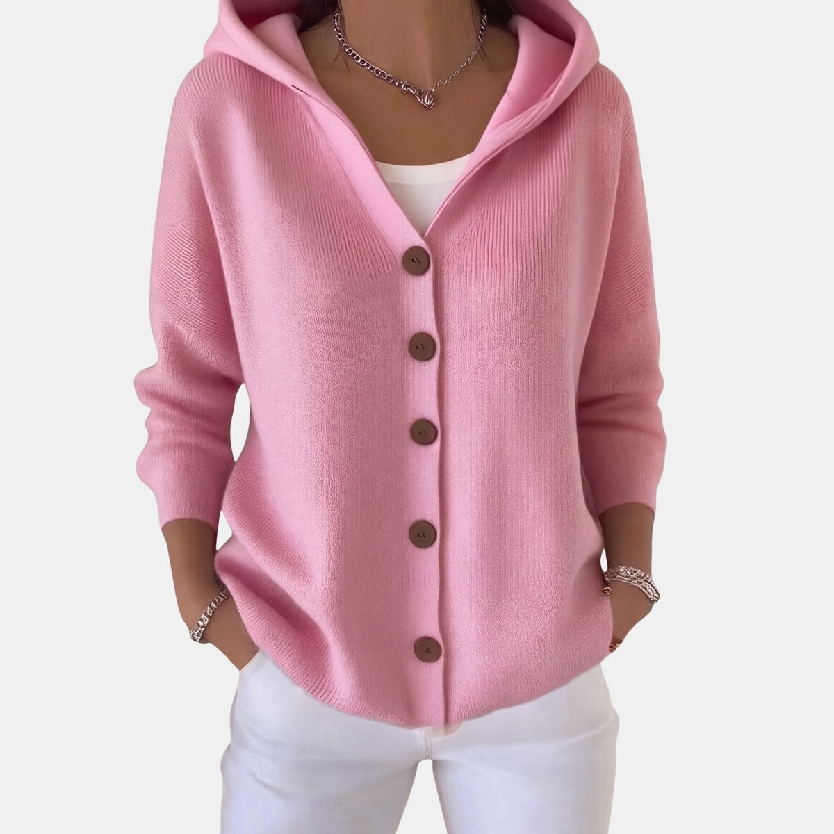 Buttoned Hooded Cardigan Pink, studio photo