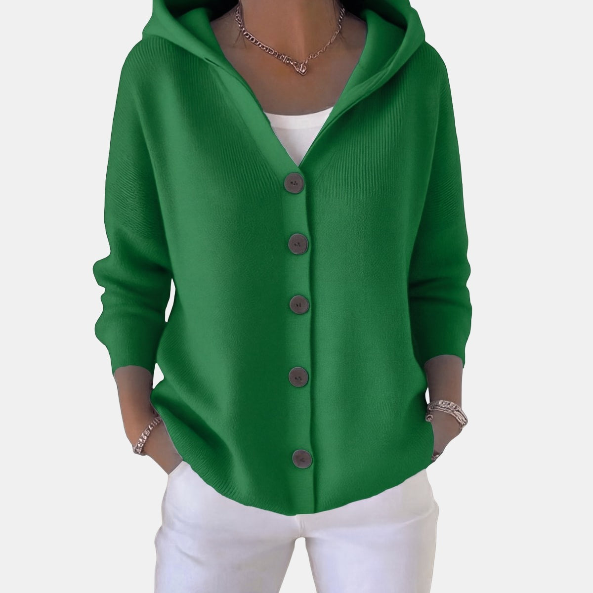 Buttoned Hooded Cardigan Dark Green, studio photo