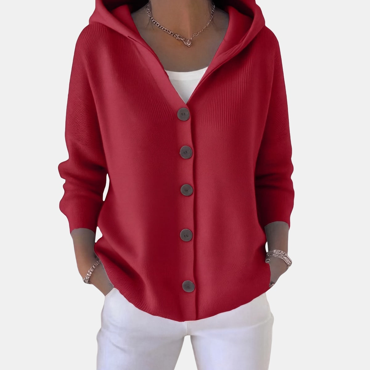 Buttoned Hooded Cardigan Red, studio photo