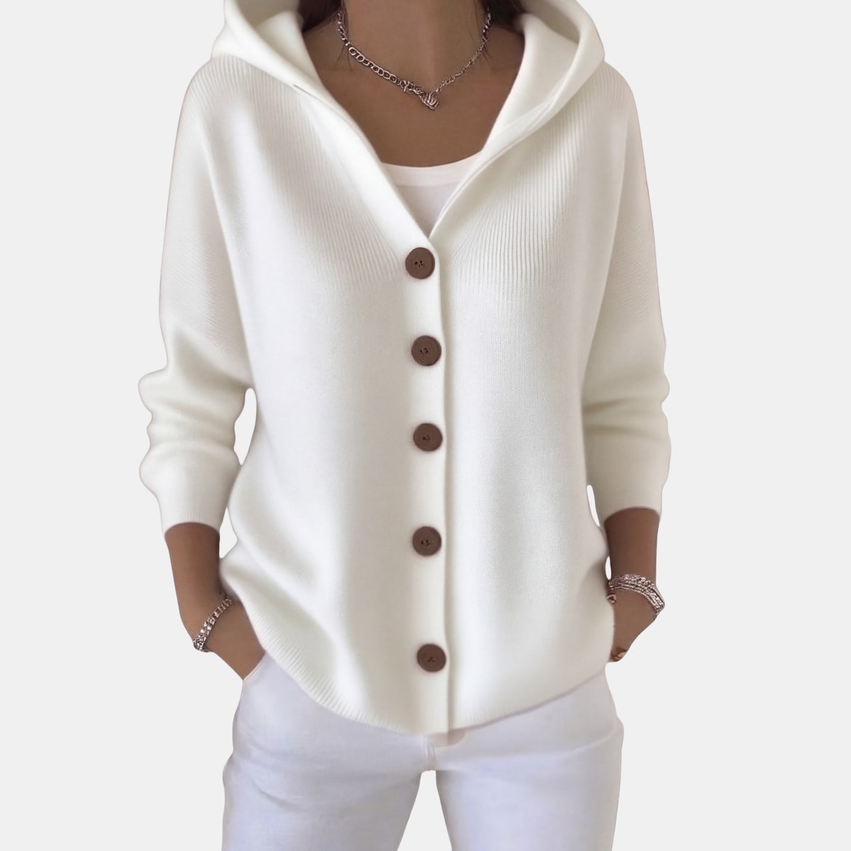 Buttoned Hooded Cardigan White, studio photo