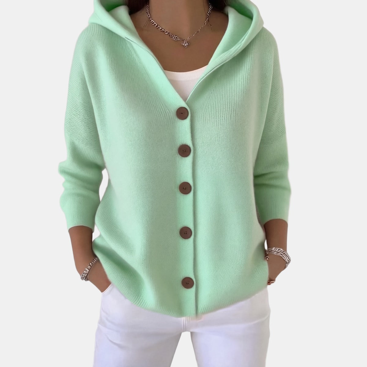 Buttoned Hooded Cardigan Green, studio photo