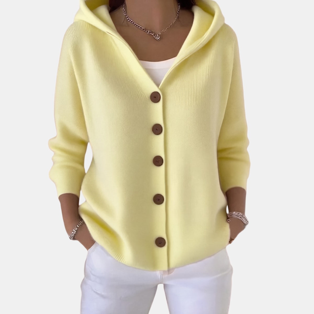 Buttoned Hooded Cardigan Yellow, studio photo