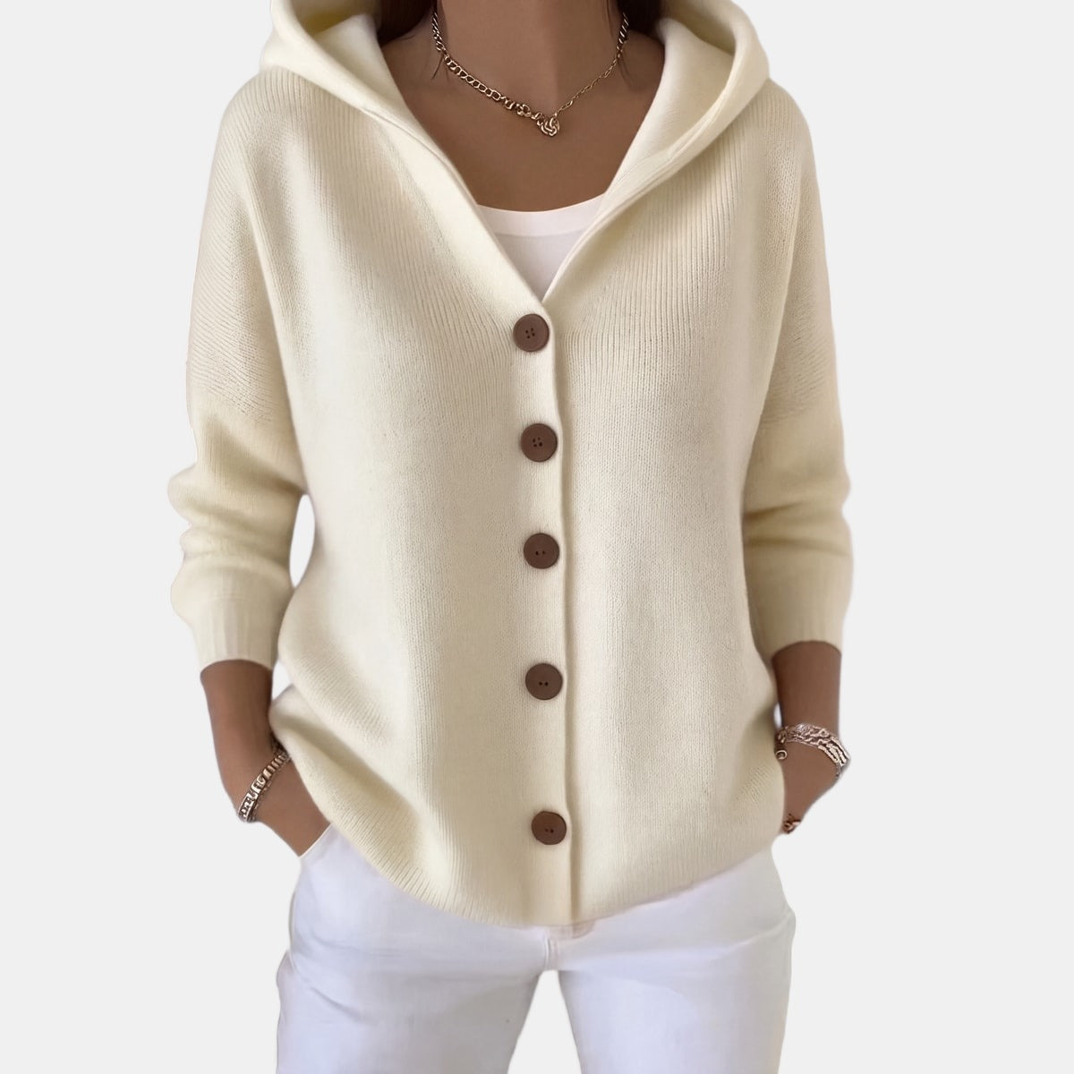 Buttoned Hooded Cardigan Beige, studio photo