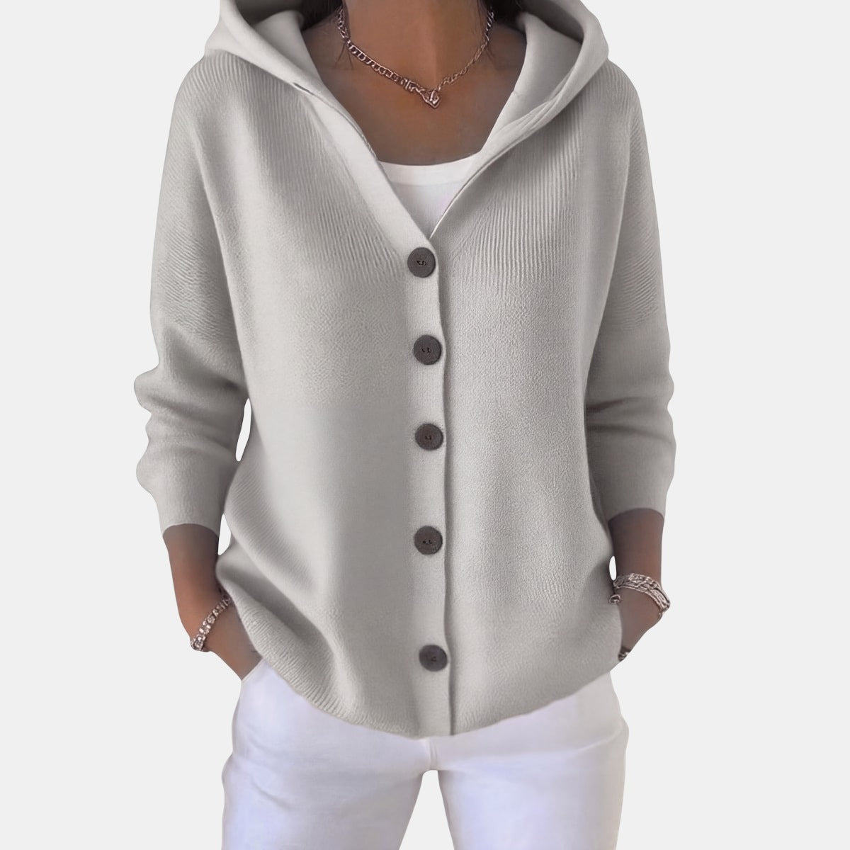 Buttoned Hooded Cardigan Grey, studio photo