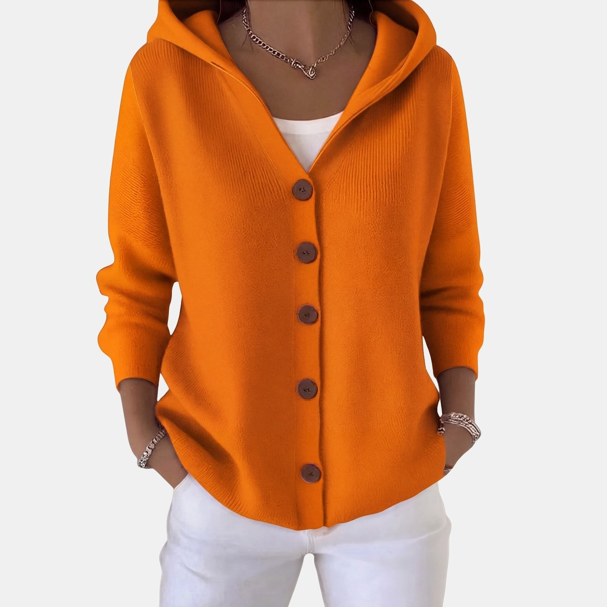 Buttoned Hooded Cardigan Orange, studio photo