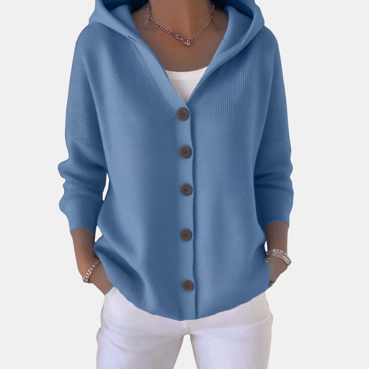 Buttoned Hooded Cardigan Blue, studio photo