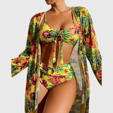 Bikini Set with Kimono in White Tropical Hibiscus