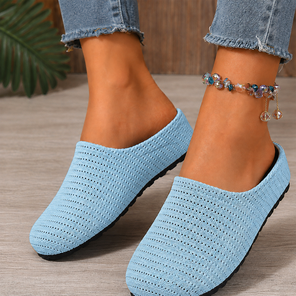 Marlowe | Breathable Knit Slip-On Mules Blue, photo studio