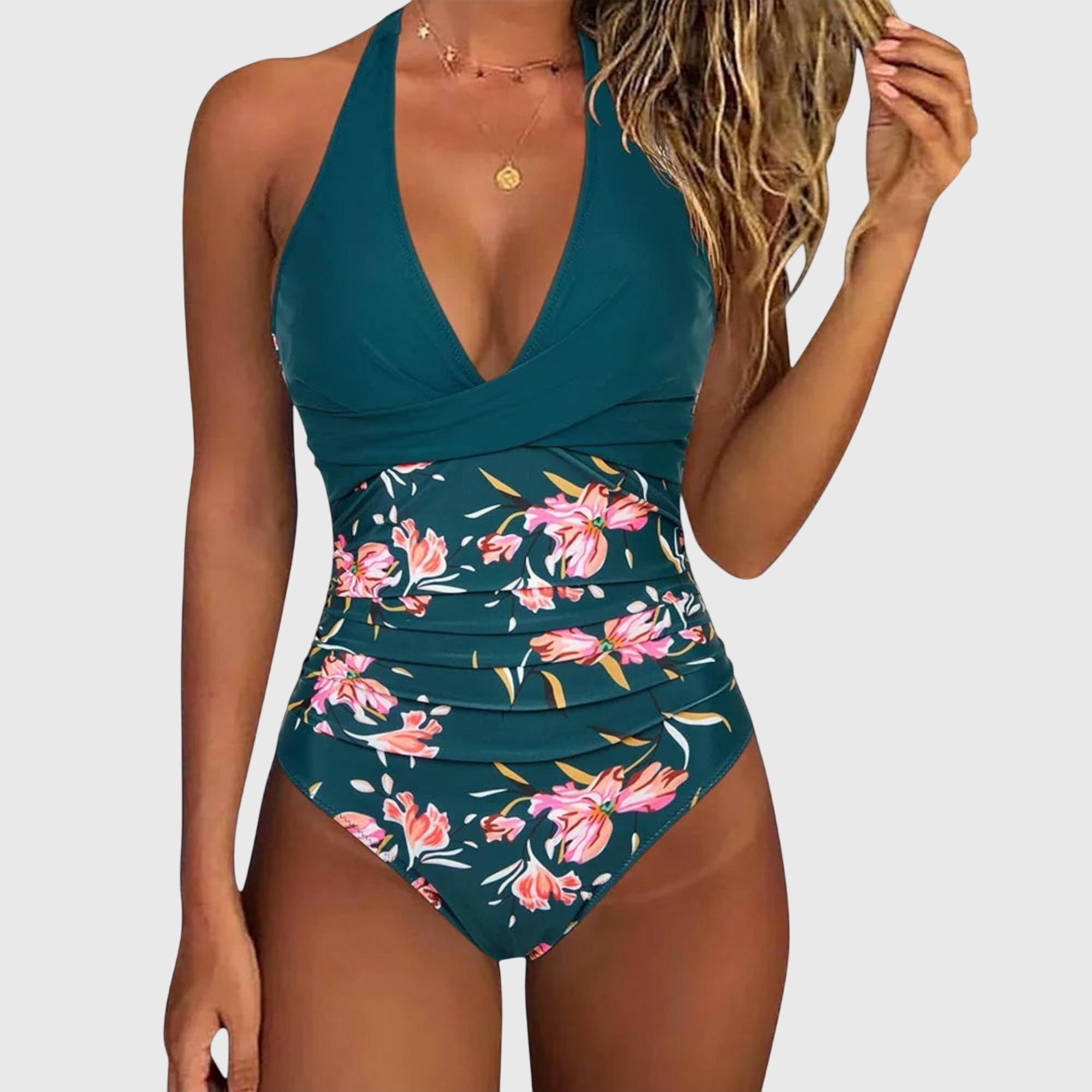 Elegant V-Neck One-Piece Swimsuit Green, photo studio