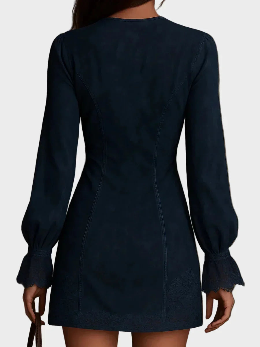 Jasmine | Blue Suede Short Dress with Lace