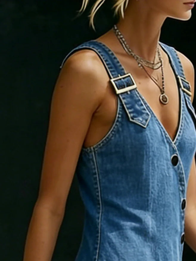 Asymmetric Button Denim Maxi Dress