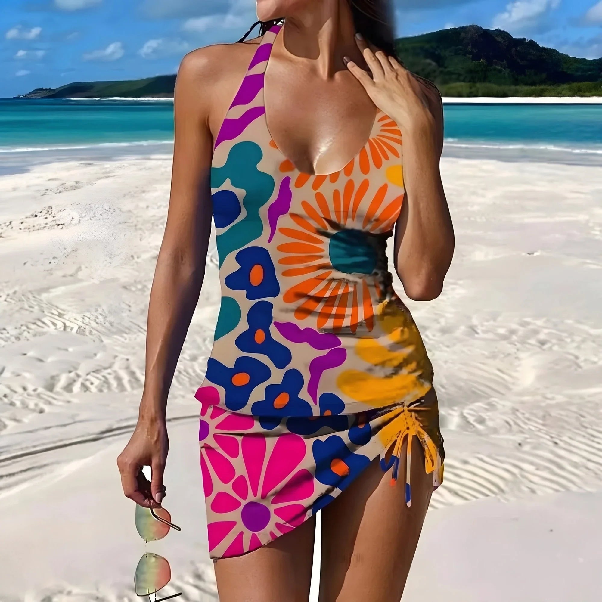 Freya | Graphic Floral Tankini with Shorts and Tummy Control Orange, photo studio