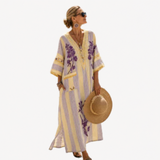 Long Kaftan in Lilac Stripe with Wisteria