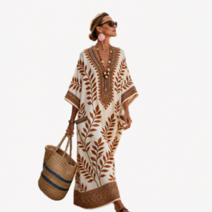 Long Kaftan in Cream Fern Border