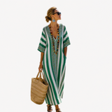 Long Kaftan in Green and White Stripe