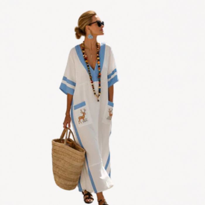 Long Kaftan in Ivory with Sky Stripe
