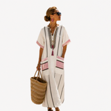 Long Kaftan in Ivory with Pink Stripe