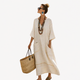 Long Kaftan in Ivory Fine Stripe