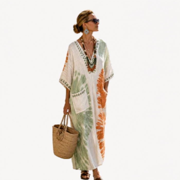 Long Kaftan in Cream Orange Tie-Dye