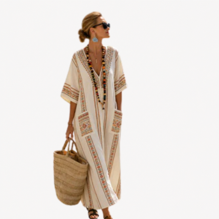 Long Kaftan in Cream Tribal Column