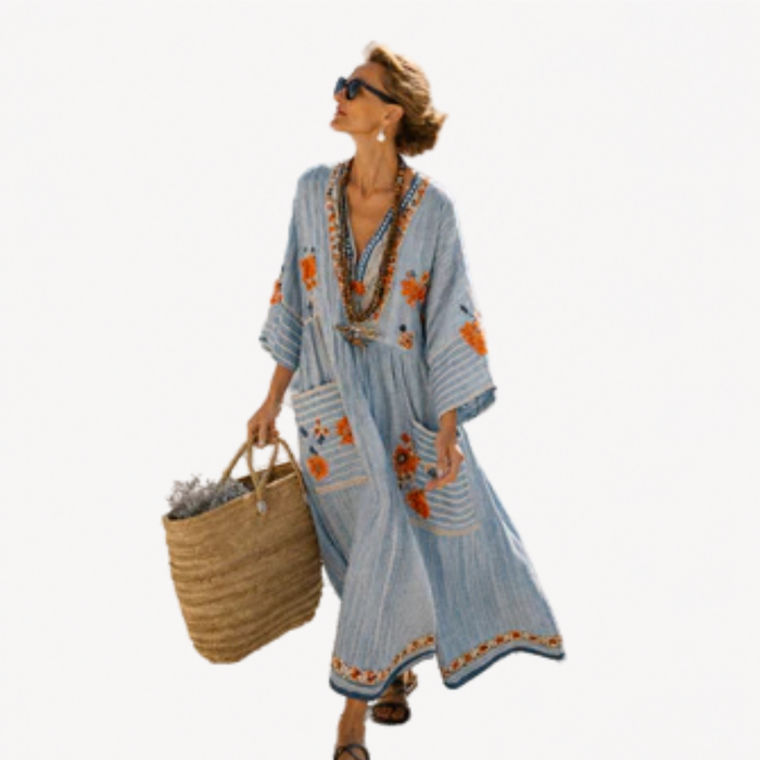 Long Kaftan in Chambray Folk Embroidery