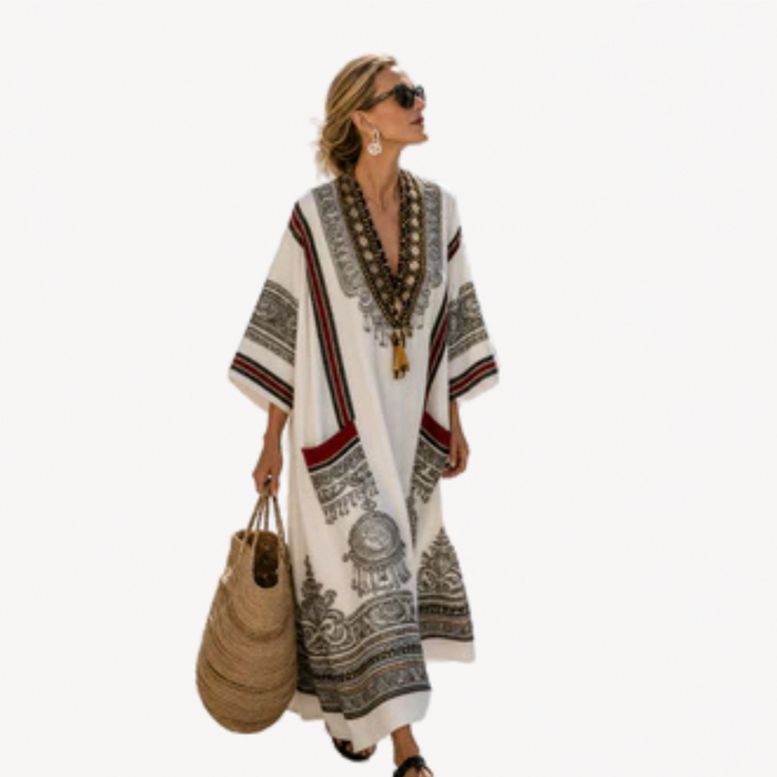 Long Kaftan in White Medallion Border