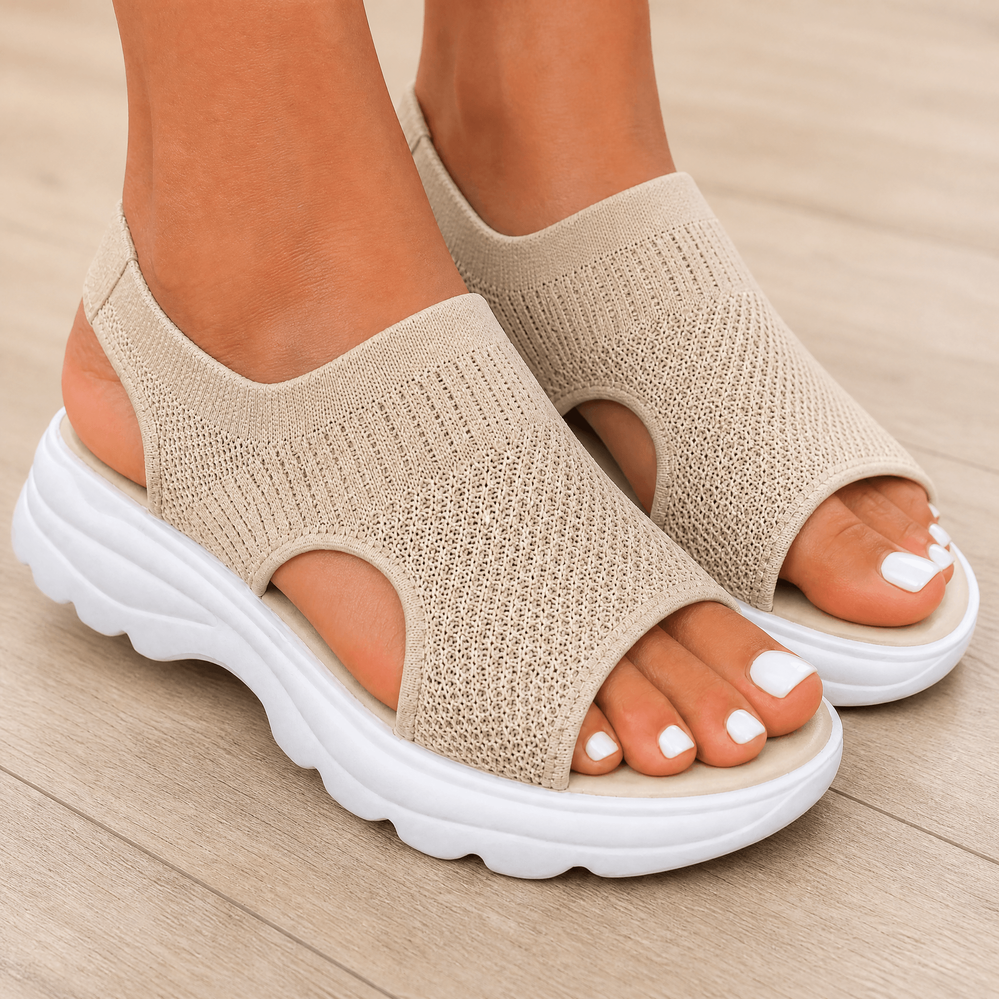 Caluna | Cushioned Slip-On Platform Sandals Beige, photo studio